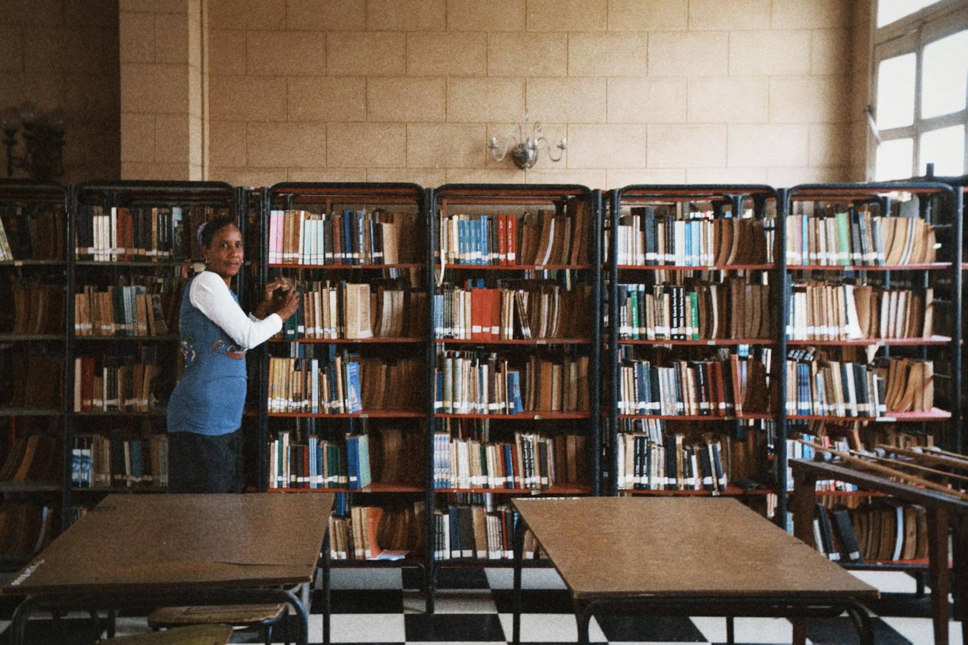 A librarian organizes books on shelves in a calm and quiet library setting.